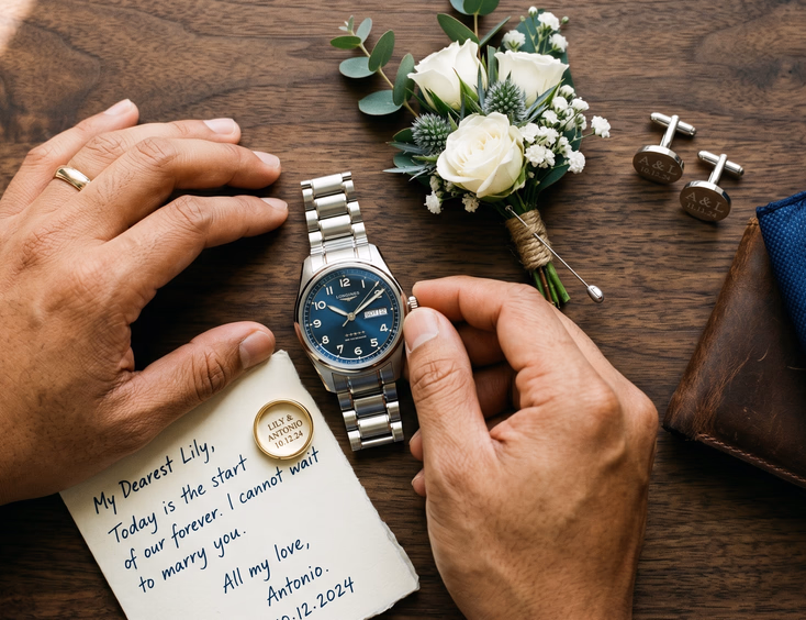 Flat-lay overhead shot of a Filipino groom's wedding day details including a wristwatch, cufflinks, boutonniere, and gold ring.