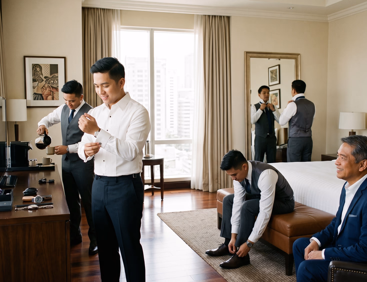 Wide shot of a Filipino groom and groomsmen preparing for a wedding inside a hotel suite with warm morning light.