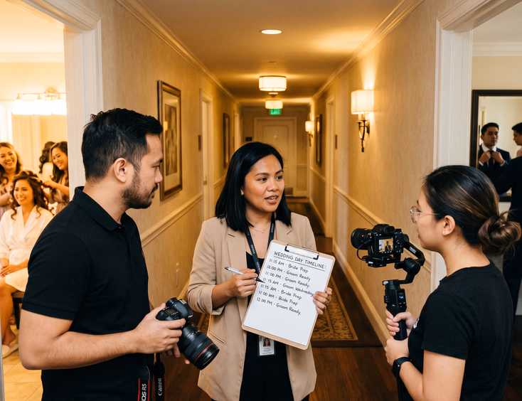 Filipino wedding planner with a clipboard coordinating a photographer and videographer in a hotel hallway between bridal and groom preparation suites.
