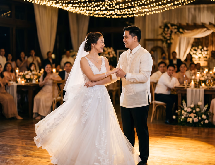 Filipino bride mid-turn during her first dance with the groom in a cream barong tagalog under a warm golden spotlight on a polished dance floor, with bokeh string lights and blurred seated guests in the background