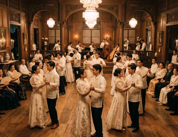 Vintage-toned wide shot of Filipino couples dancing in Filipiniana dresses and barong tagalog inside a grand ancestral house with capiz shell chandeliers and older guests seated along the walls in a sepia-warm early 1900s atmosphere