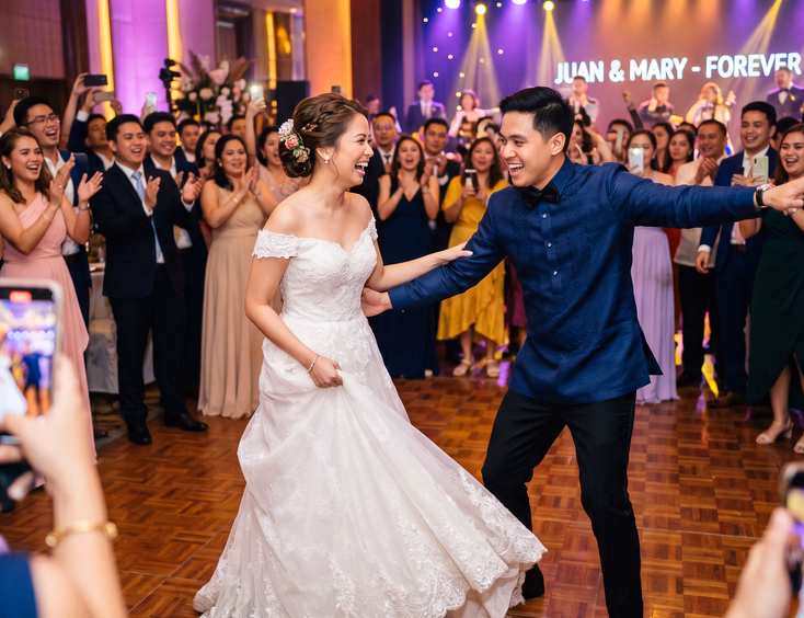 Filipino bride holding her gown hem and groom striking a playful pose mid-transition from a slow sway to an upbeat choreographed routine, with guests on their feet cheering and recording under purple and gold uplights
