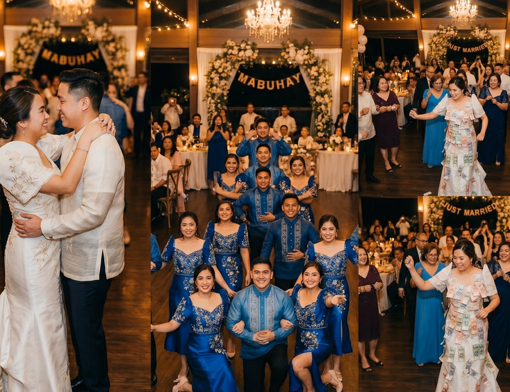Filipino bride holding her gown hem and groom striking a playful pose mid-transition from a slow sway to an upbeat choreographed routine, with guests on their feet cheering and recording under purple and gold uplights