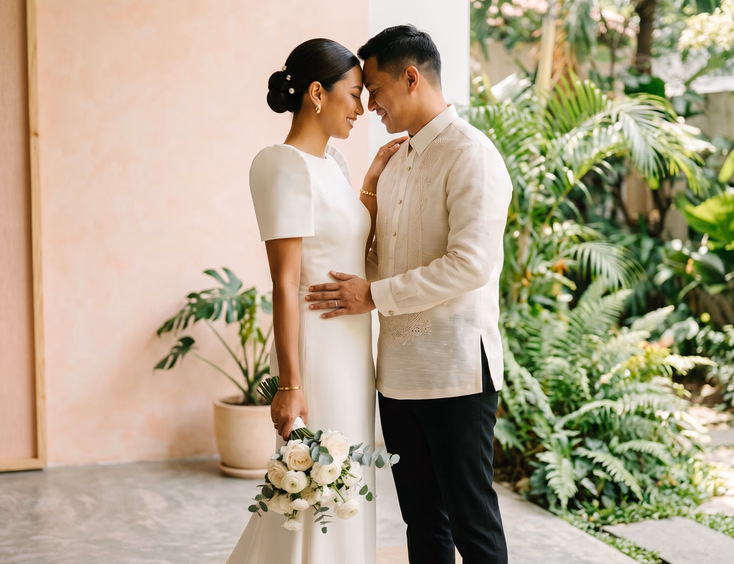 Filipino bride and groom with foreheads touching in a modern Makati studio blending Korean minimalist and Western editorial aesthetics with a pastel backdrop transitioning into natural greenery
