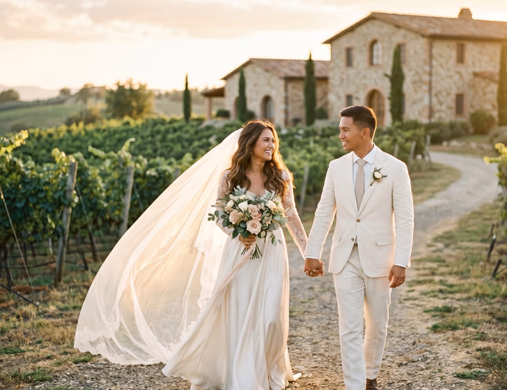 Filipino bride and groom walking through vineyard rows at a Tuscany-inspired estate in Batangas during golden hour with a cathedral veil catching the wind and a stone villa in the distance