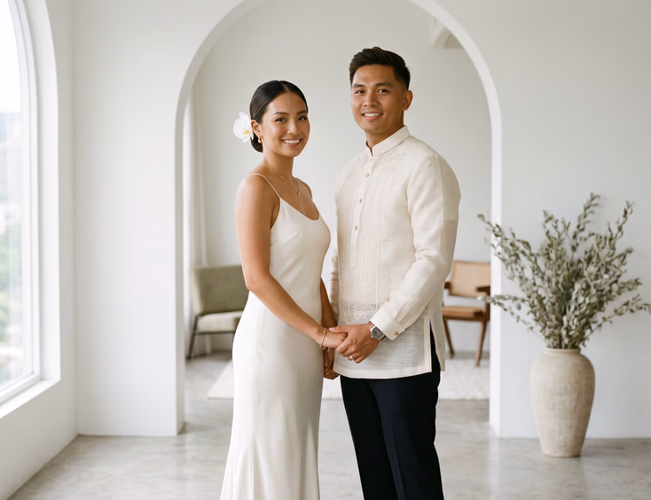 Filipino bride and groom in a symmetrical minimalist portrait inside a white loft in BGC framed by a single architectural arch with soft natural window light and a cream sage and beige palette