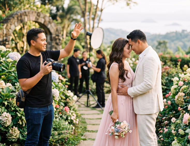 Filipino wedding photographer directing a couple during a prenup shoot at a Tagaytay garden venue with the bride in a pastel pink gown and groom in a cream linen suit