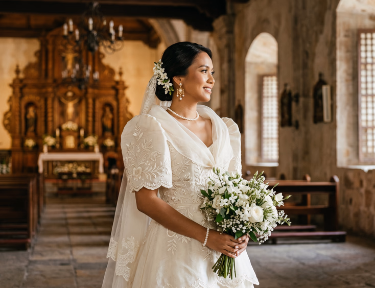 Filipino bride in Maria Clara terno gown with butterfly sleeves and piña pañuelo wearing pearl choker and gold tamburin earrings, fresh sampaguita flowers in low chignon inside Spanish colonial Filipino church, editorial wedding photography