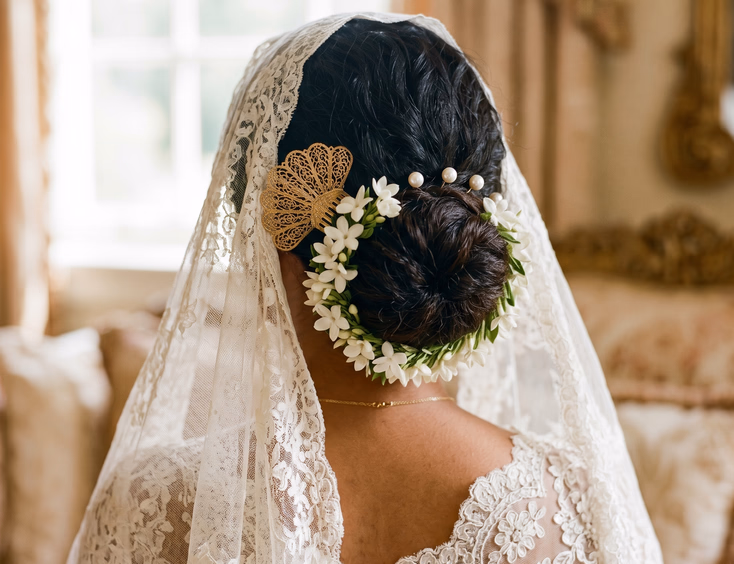 Back view close-up of Filipino bride's low chignon wrapped in fresh sampaguita garland with pearl pins and gold filigree comb holding ivory mantilla veil, soft window light, editorial bridal photography