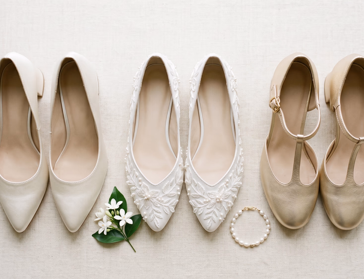 Styled flat lay of three pairs of bridal shoes on cream linen including ivory satin pointed-toe heels, embroidered piña floral flats, and champagne gold T-strap Mary Jane heels with sampaguita sprig and pearl bracelet props, clean product photography