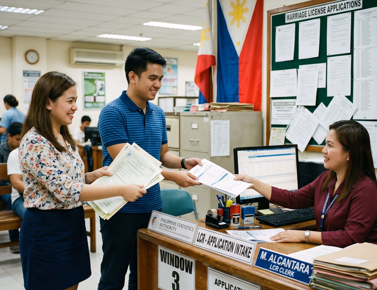 Filipino couple submitting a marriage license application at a Local Civil Registrar office.