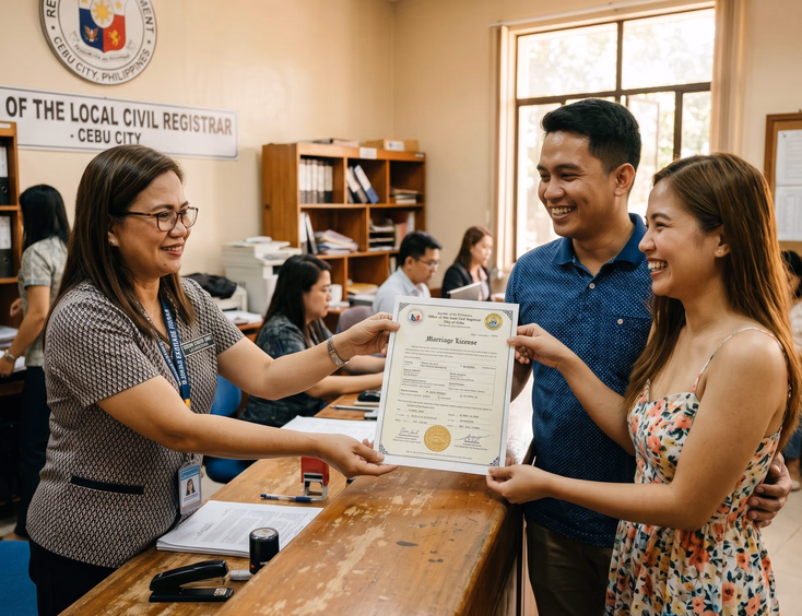 Smiling Filipino couple receiving their issued marriage license from an LCR registrar at City Hall.