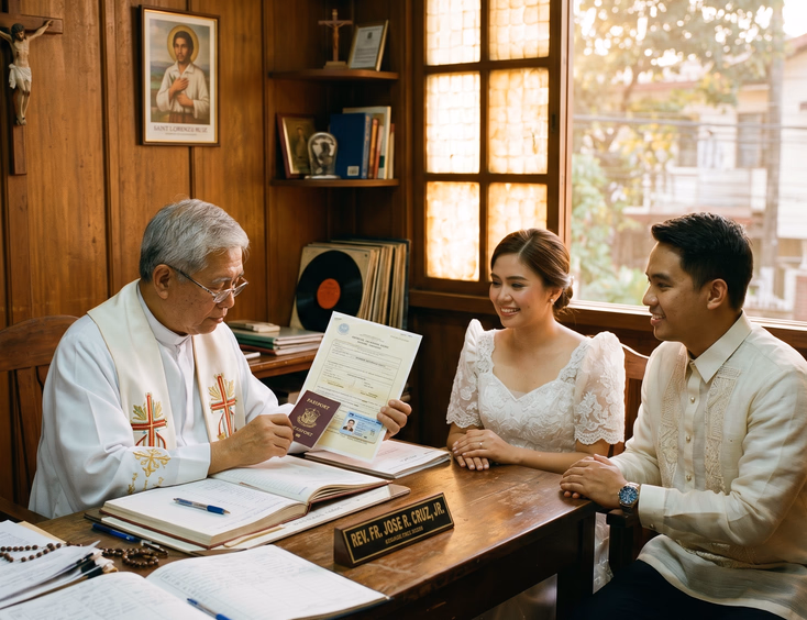 Catholic priest reviewing a marriage license with a Filipino bride and groom in a parish office.