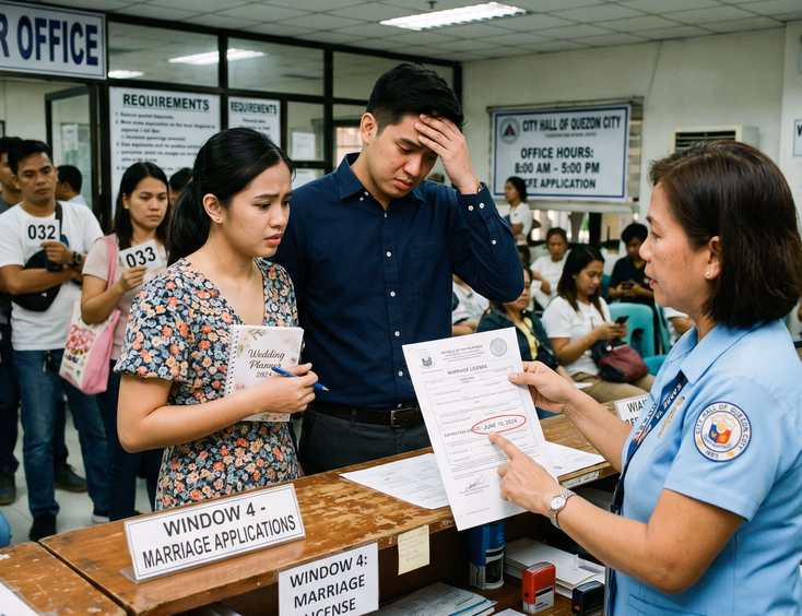 Stressed Filipino couple being shown an expired marriage license by an LCR clerk at City Hall.