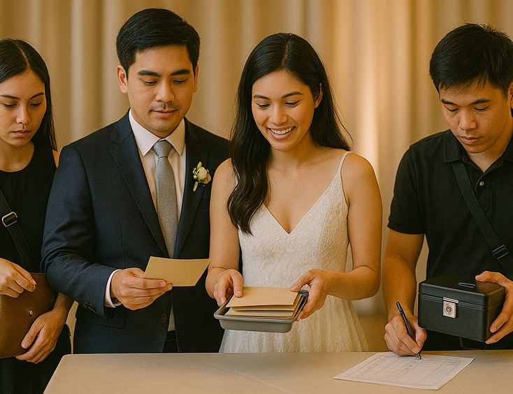 Attendants use pouches and a cash box as the couple receives gifts during the Money Dance