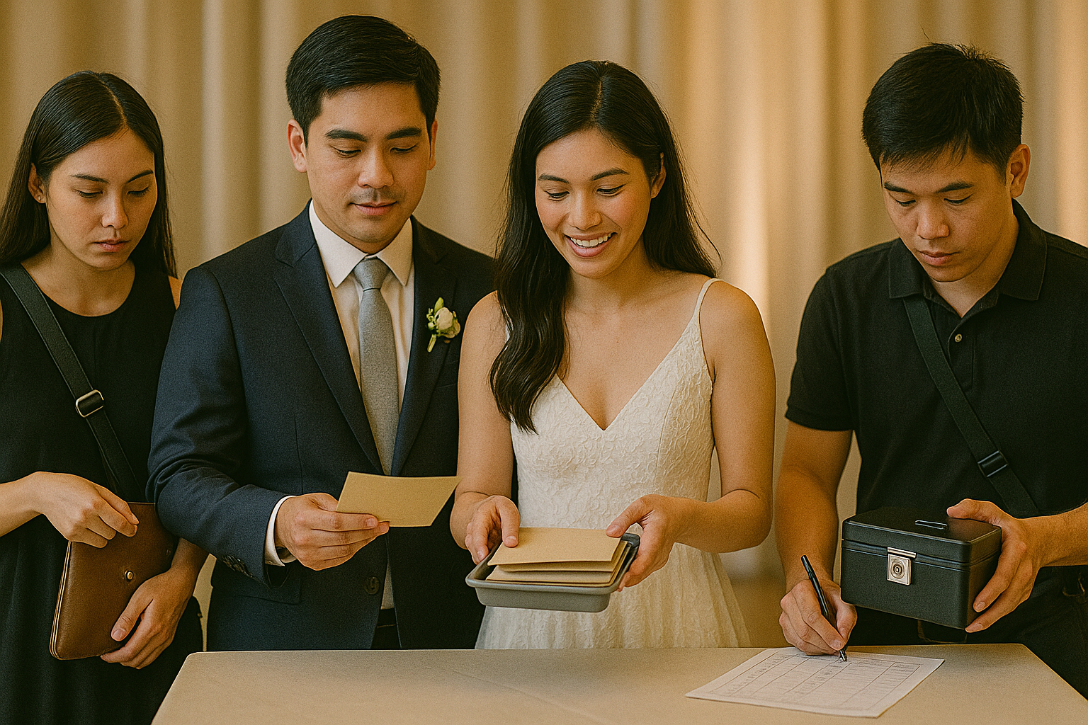 Attendants use pouches and a cash box as the couple receives gifts during the Money Dance