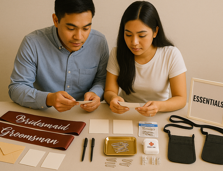 Couple reviews a neatly arranged Money Dance kit with sashes pins clips tape envelopes and pouches