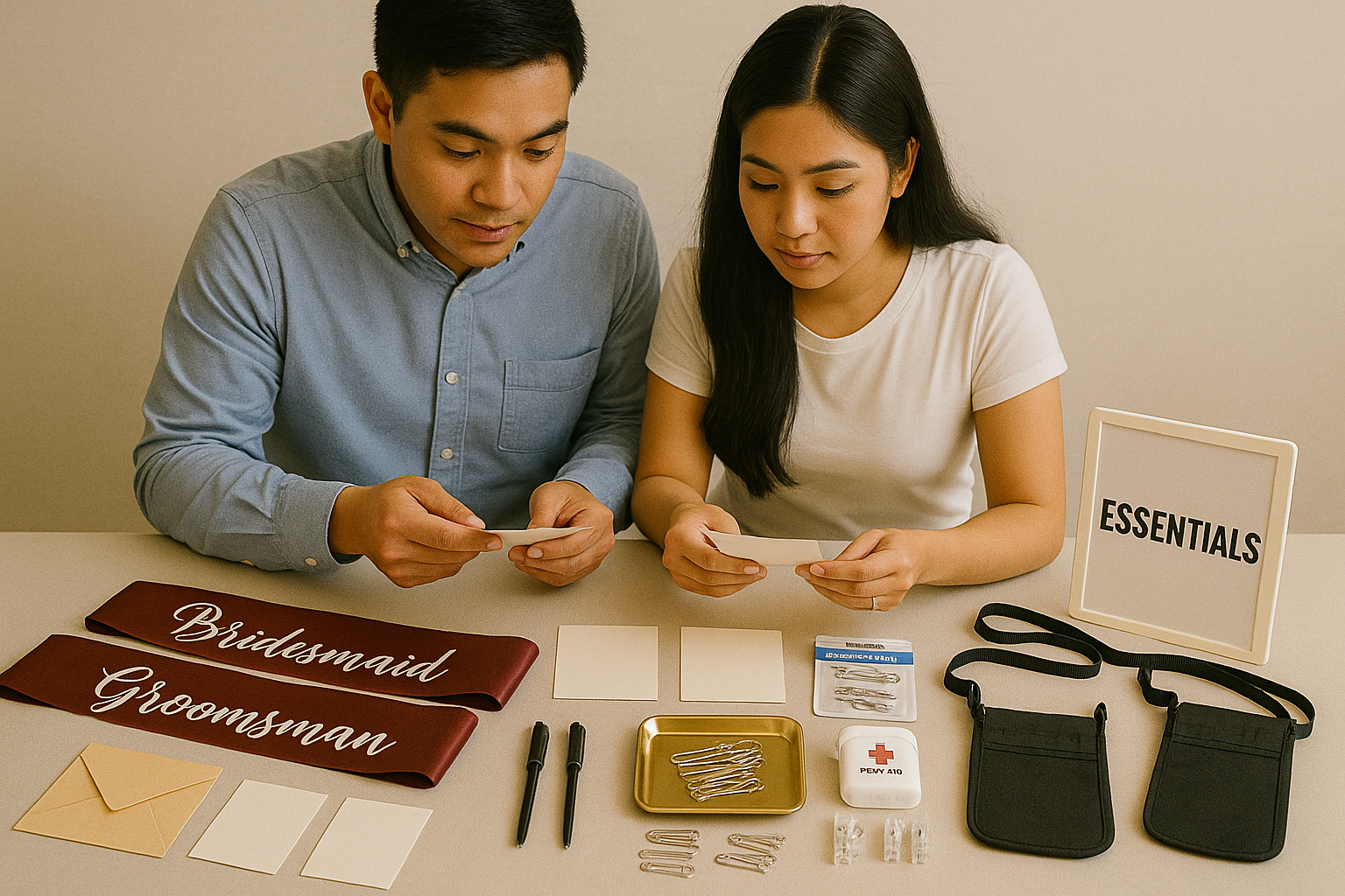 Couple reviews a neatly arranged Money Dance kit with sashes pins clips tape envelopes and pouches