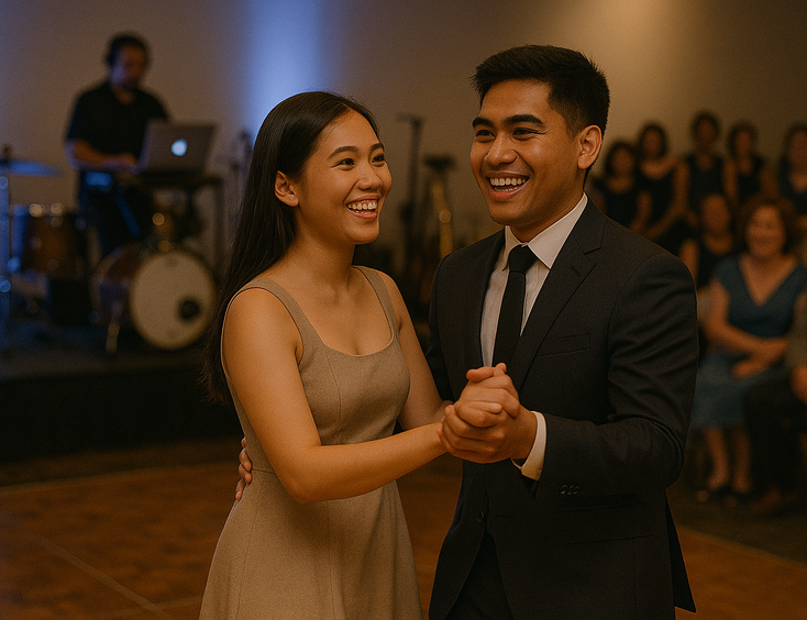Young Filipino couple dancing while the DJ cues romantic songs and guests look on