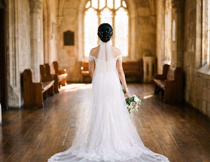 Back view of Filipino bride with pearl-pinned textured low bun and sheer cathedral veil wearing off-shoulder lace gown in a sunlit church corridor with warm arched window light