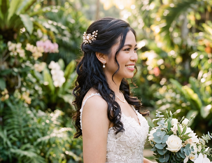Three-quarter profile of Filipino bride with half-up half-down hairstyle featuring jeweled crown pin and loose defined curls in a lush tropical garden with soft morning light