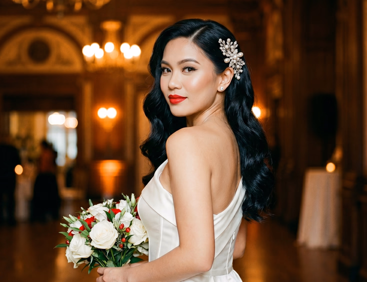 Filipino bride with dark hair swept in polished waves over one shoulder wearing ivory one-shoulder satin gown and bold red lip inside a warmly lit grand Filipino ballroom