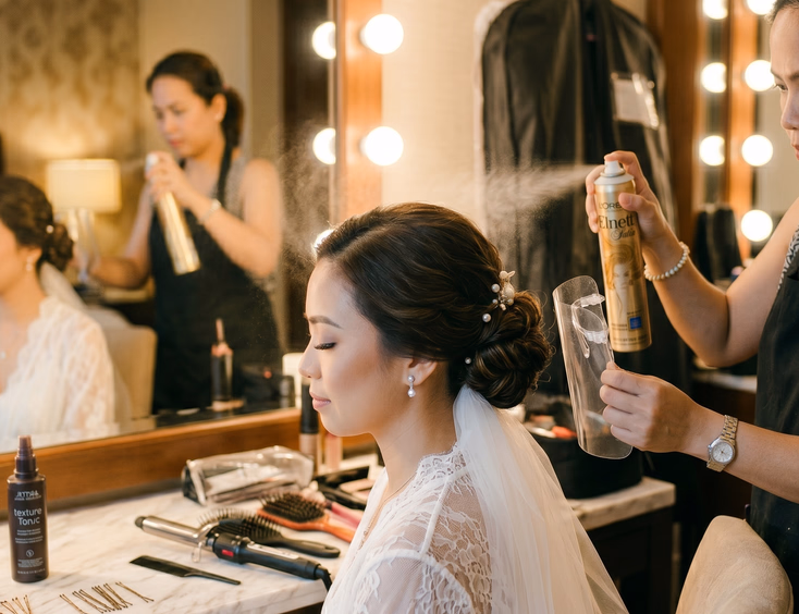 Close-up of Filipino hairstylist spraying humidity-resistant hairspray onto a bride's finished textured low bun while shielding her face in a hotel prep room in front of a lighted vanity mirror