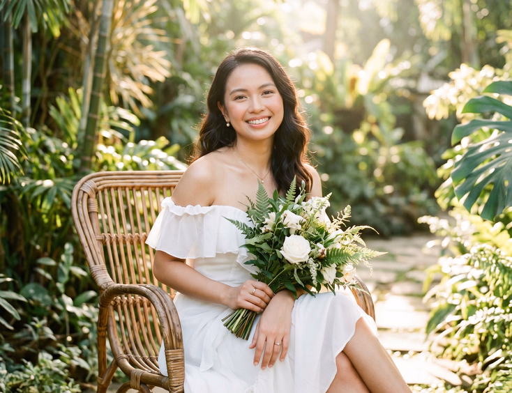 Filipino bride with dewy glowing skin and minimal makeup sitting on rattan chair in sunlit tropical garden wearing white off-shoulder wedding dress with natural wavy hair
