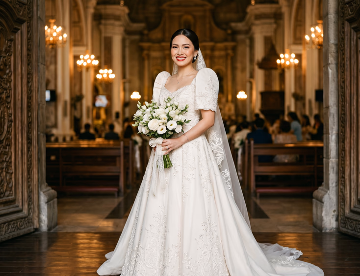 Filipino bride in ivory terno gown with bold red lips, winged eyeliner, and polished updo holding white roses inside a grand old Manila church with amber lighting