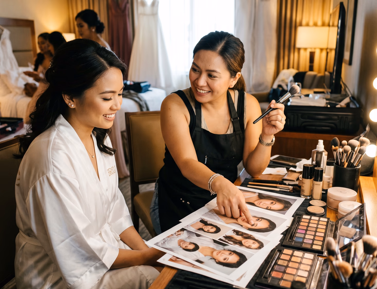 Filipino bride in white robe reviewing makeup reference photos with her HMUA at a vanity table with lighted mirror and open makeup palettes in a hotel prep room