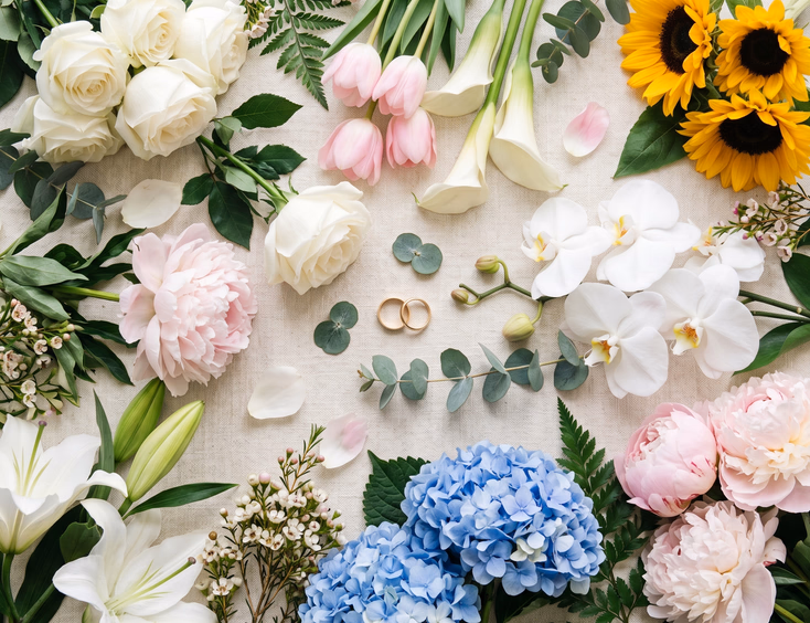 Styled flat lay of popular Filipino wedding flowers including white roses, blush peonies, orchids, hydrangeas, Casa Blanca lilies, sunflowers, calla lilies, and pink tulips arranged on cream linen with gold wedding rings