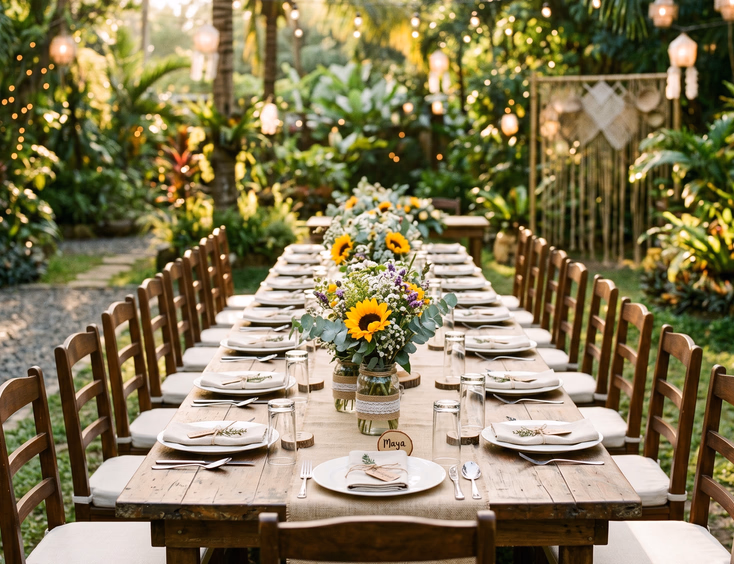 Rustic outdoor Filipino wedding reception long table with low sunflower and eucalyptus centerpieces in mason jars, burlap runners, white place settings, and wooden chairs in golden hour garden light
