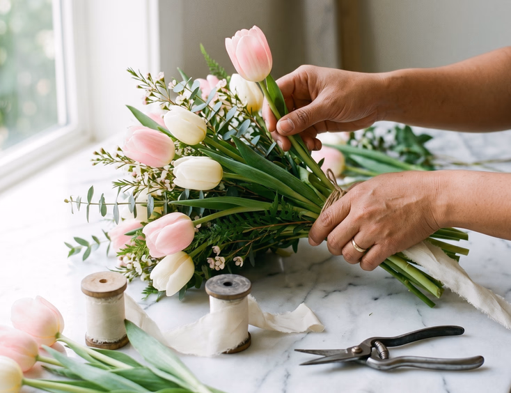 Close-up of a Filipino florist's hands arranging a hand-tied bridal bouquet of soft pink and white tulips on a white marble surface with loose stems, ivory ribbon, and floral shears in natural window light