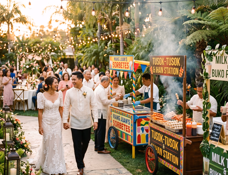 Filipino bride and groom in wedding attire walking hand in hand past a sorbetes cart, tusok-tusok skewer station, and milk tea cart at a festive outdoor Filipino wedding reception at golden hour with string lights and tropical palms