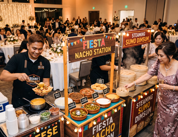 Filipino male attendant serving cheese fries at a branded food cart beside a nacho station and dimsum cart at an indoor Filipino wedding reception with a Filipino female guest in formal dress reaching for food under warm overhead lighting