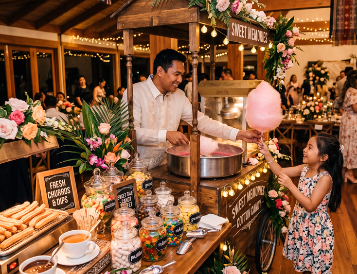 Cotton candy cart operator spinning pink cotton candy for a young Filipino girl beside a churros station and glass candy buffet with colorful sweets at a Filipino wedding reception dessert corner with soft warm lighting and floral decor