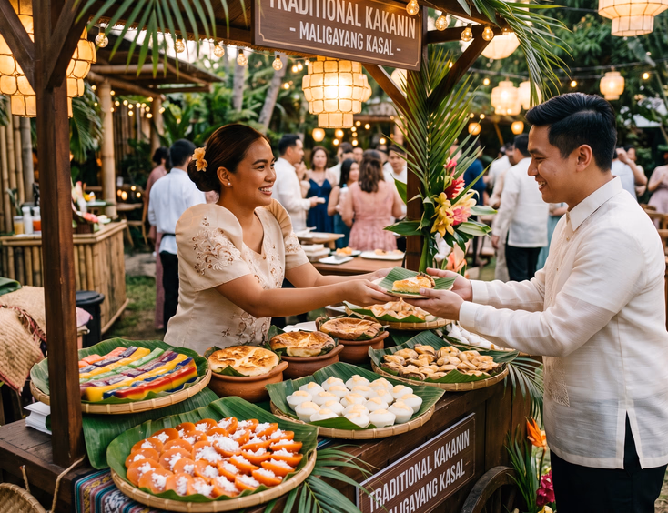 Filipino female attendant in Filipiniana blouse serving bibingka from a wooden kakanin cart displaying sapin-sapin, puto, and kutchinta on banana leaf-lined woven platters at a rustic Filipino wedding reception with capiz lanterns and tropical greenery
