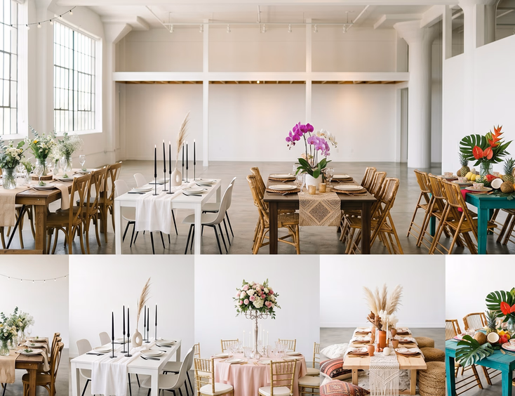 Wide shot of six distinct styled wedding reception table vignettes in a row inside a bright studio including rustic garden, minimalist modern, classic romantic, Filipiniana, bohemian, and tropical themed setups