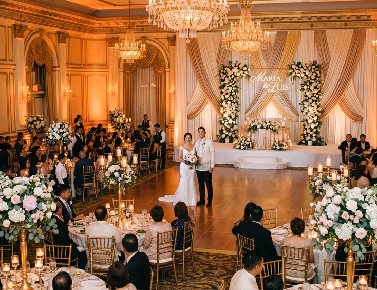 Filipino couple in wedding attire standing near a sweetheart table inside a grand hotel ballroom with gold chiavari chairs, tall cascading floral candelabra centerpieces, crystal accents, and an ivory and gold layered fabric stage backdrop