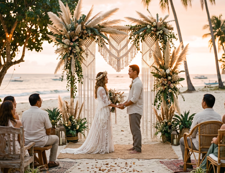 Filipino couple standing under a macramé arch at a bohemian beach wedding ceremony in the Philippines during golden hour with pampas grass, mismatched wooden benches, rattan chairs, and a sandy petal-scattered aisle