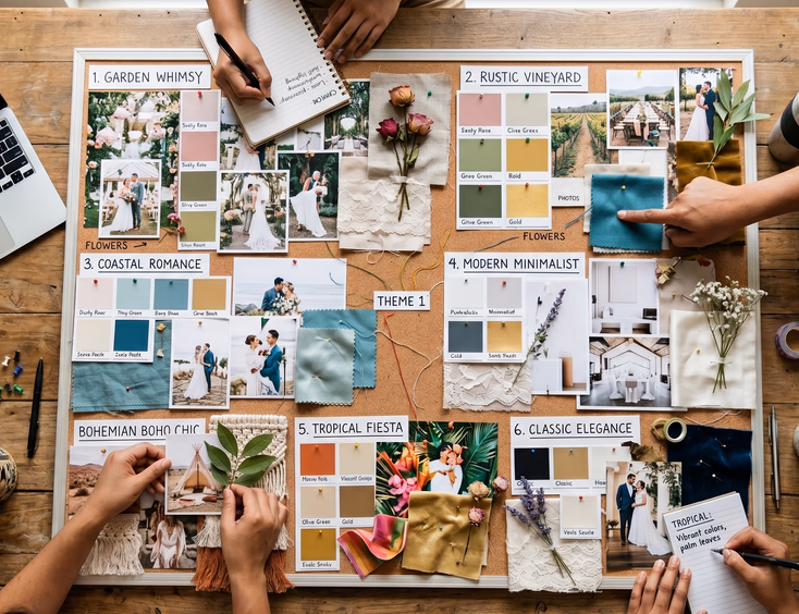 Overhead candid shot of four pairs of Filipino hands collaborating around a large wedding theme mood board on a conference table covered with printed photos, color swatches, fabric samples, and flower cuttings