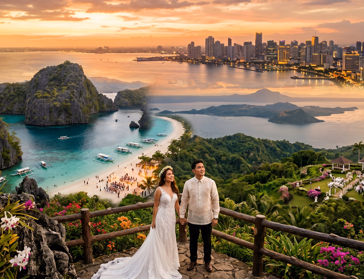 Filipino bride and groom on a scenic overlook with an aerial blend of iconic Philippine wedding destinations including Tagaytay, Boracay, Palawan, and Manila at golden hour