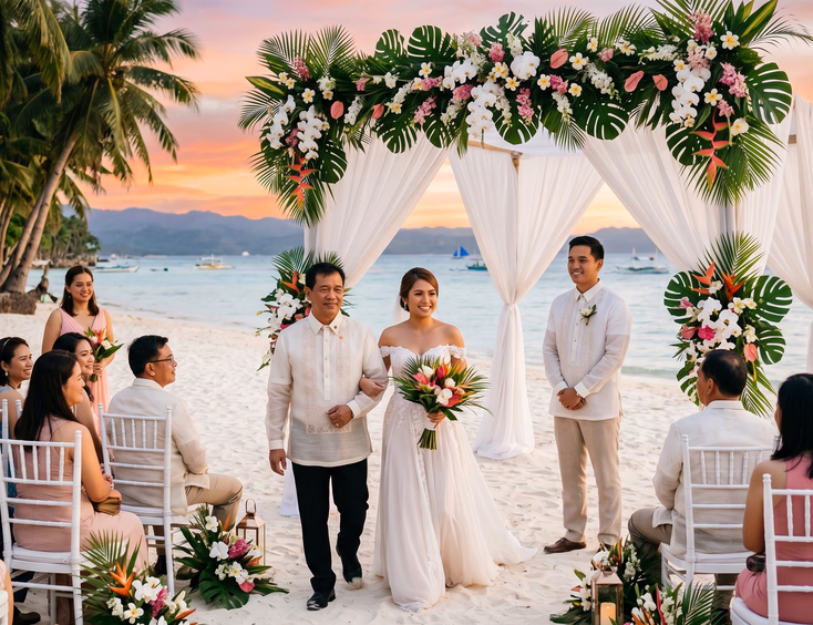 Filipino beach wedding ceremony on Boracay's white sand at sunset with white tiffany chairs, a tropical floral arch, and a bride walking the aisle toward her groom
