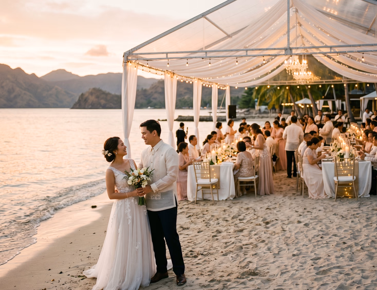 Filipino bride and groom sharing a quiet moment by the shoreline at a Batangas beachfront resort wedding reception with guests mingling under a clear-top tent at golden hour