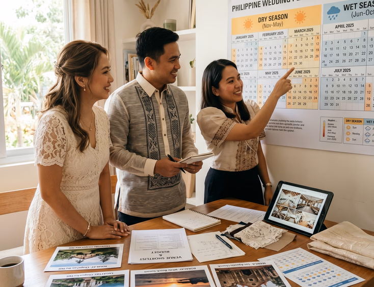 Filipino couple and wedding planner reviewing a wall calendar of Philippine weather seasons alongside venue photos of Tagaytay, Boracay, and Manila for wedding date planning