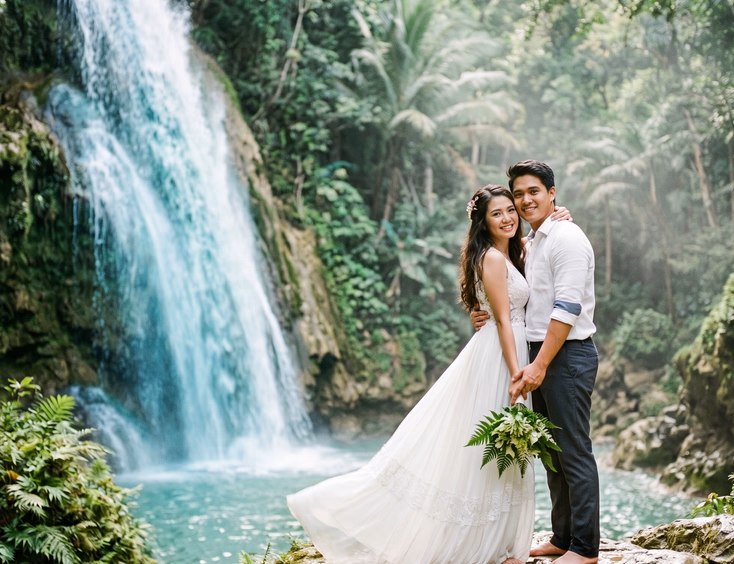 Filipino couple in a white gown and linen shirt posing romantically in front of a lush Philippine waterfall with turquoise water during a prenup shoot.