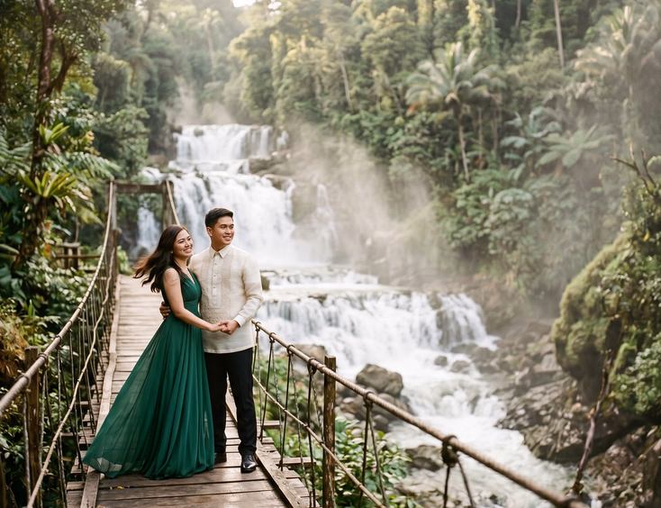 Filipino couple on a wooden hanging bridge over Aliwagwag Falls in Davao Oriental, wearing an emerald green gown and cream barong for a prenup shoot.
