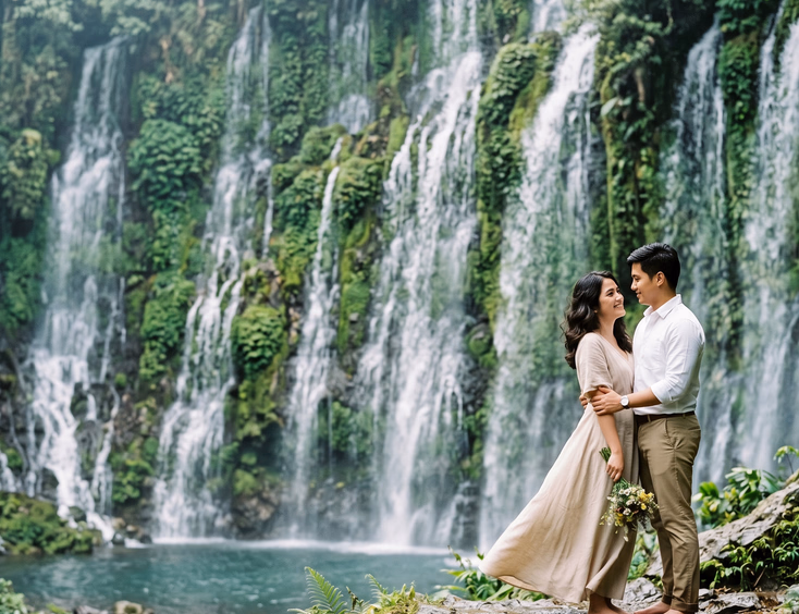 Filipino couple sharing a candid moment in front of the unique moss-covered curtain of Asik-Asik Falls in North Cotabato during a prenup shoot.