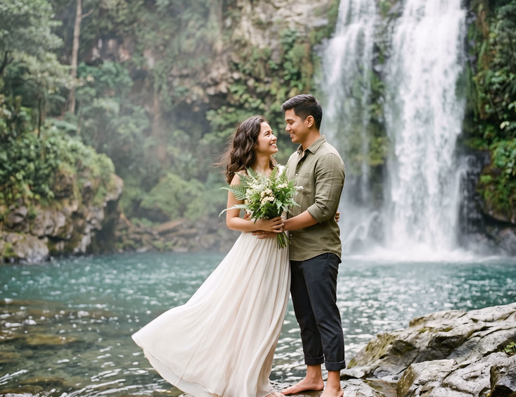 Filipino couple in elegant waterfall prenup attire standing barefoot on rocks near a misty clear basin.