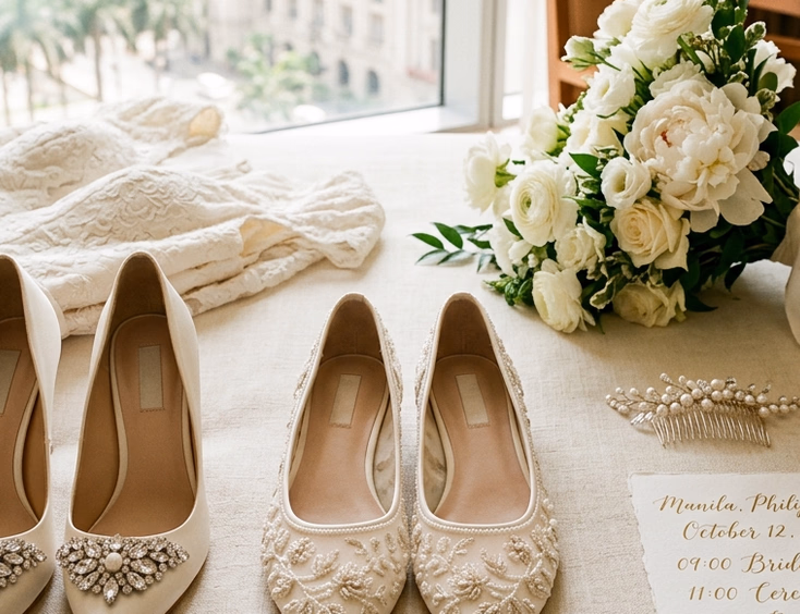 Flat-lay of ivory satin ceremony heels and hand-beaded Marikina ballet flats beside a folded wedding gown, white peony bouquet, pearl hair comb, and timeline card on cream linen in soft morning light